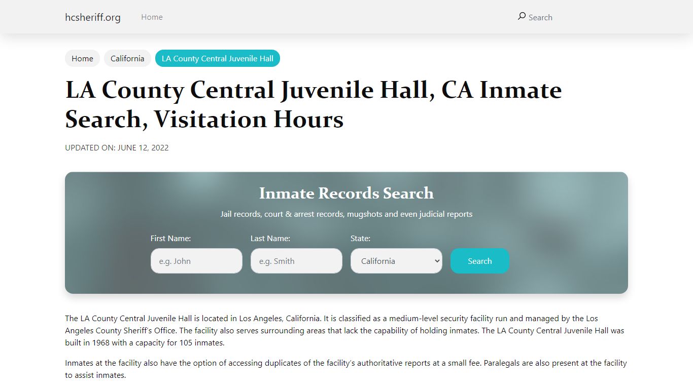 LA County Central Juvenile Hall, CA Inmate Search ...